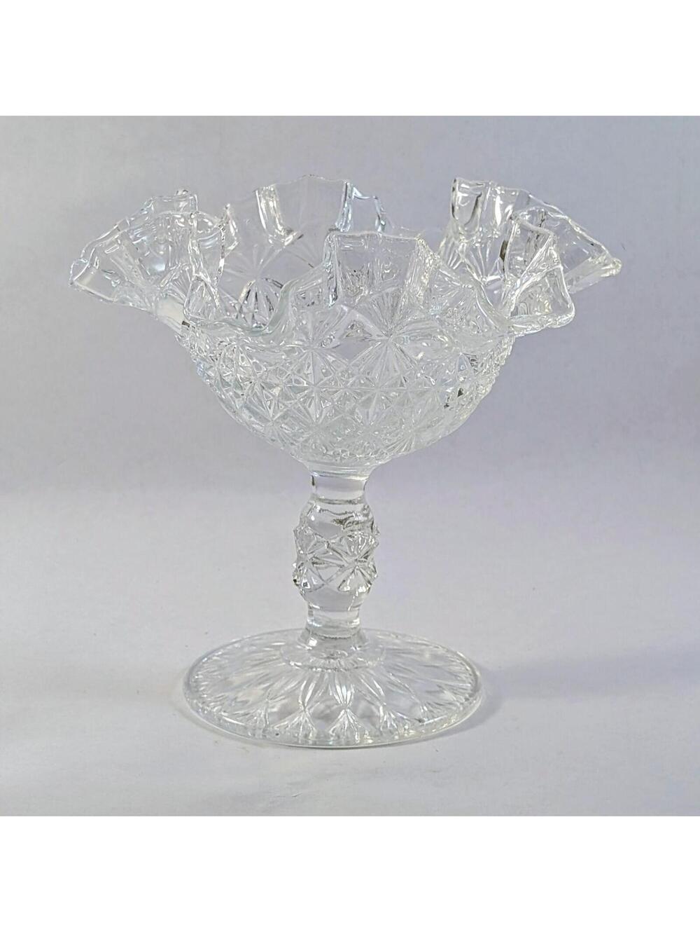 Vintage Fenton Clear Glass Compote, Candy Dish, Diamonds & Bows, Ruffled Rim